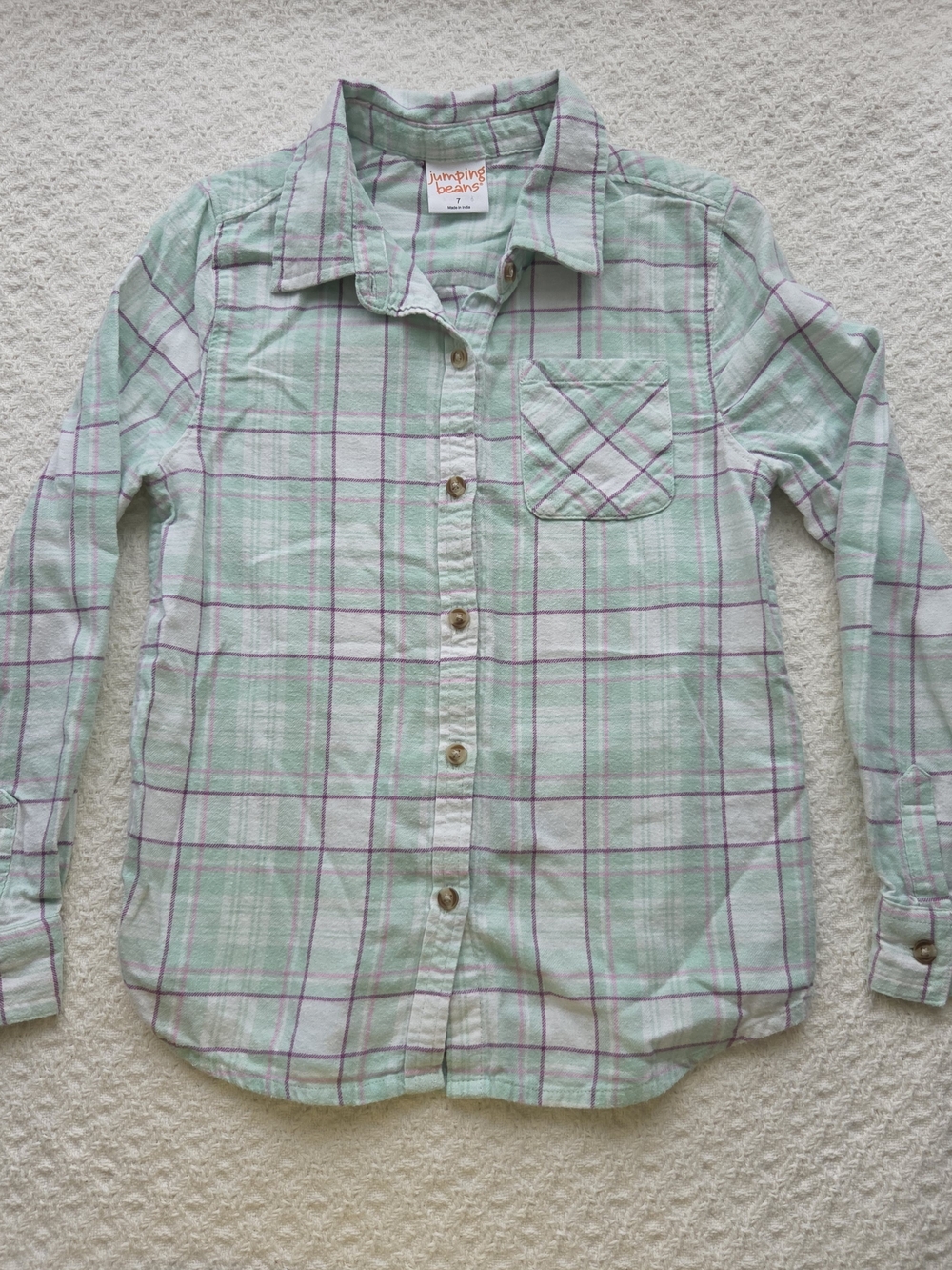 Jumping Beans Mint Green Plaid Button-Down Shirt with Purple Accents Size 7 Girl